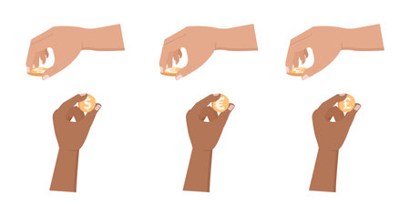 Vector set of hands holding dollar, euro and sterling coins. Hands interact with money flat icon set.のイラスト素材