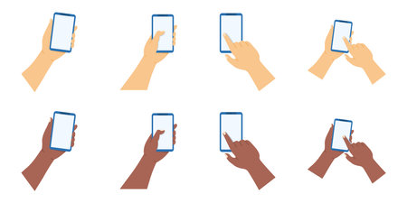 Hands with phones using a mobile device vector illustration on white background.