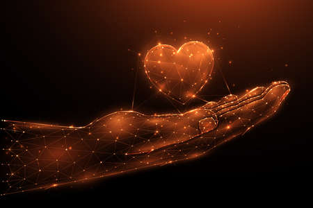 Charity or love concept. Polygonal vector illustration of a hand palm with a heart symbol on a dark red background. Heart transplant and organ donation concept low poly design.のイラスト素材