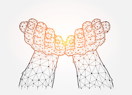 Pray or begging concept artwork. Open hands palms raised up, hand gesture polygonal vector illustration on a white background. Hands holding or giving something.のイラスト素材