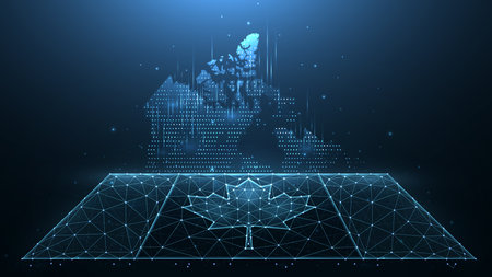 Polygonal vector illustrations of the map and flag Canada on a dark blue background.のイラスト素材