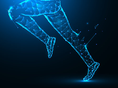 Polygonal vector illustration of running legs on a dark blue background.のイラスト素材
