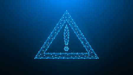 Polygonal vector illustration attention or warning symbol on a dark blue background.のイラスト素材