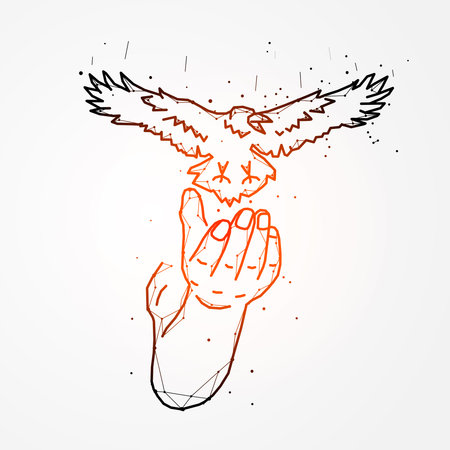 Polygonal vector illustration of a hand and a bird. Abstract concept symbolizing freedom.のイラスト素材
