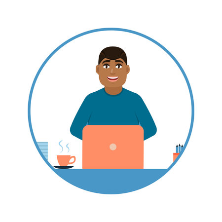 Avatar of a young African American guy who works on a laptop, full-time office worker or freelancer. man professional vector illustrationのイラスト素材