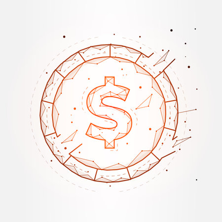 Polygonal vector illustration of a digital dollar coin on a white backgroundの写真素材