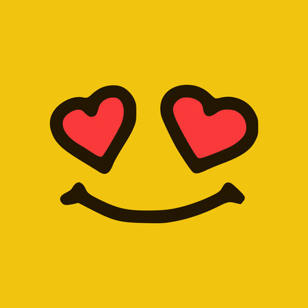 Emoticon in love in doodle style. Cartoon face expressions isolated on yellow backgroundのイラスト素材