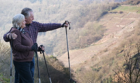 Spring, Scandinavian walking, mountains, landscape, elderly peopleの写真素材