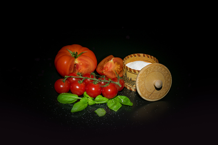 Ornament to meat - salt, a tomato and a basilの写真素材