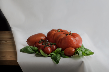 Tomatoes and basil on a white backgroundの写真素材