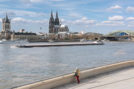 Rhine Embankment in Cologne, a view of the Cologne Dom cathedralの写真素材