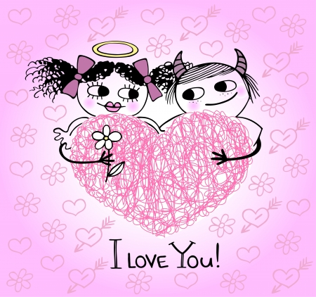 Valentines card with hearts and couple in loveのイラスト素材