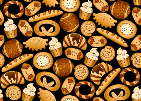 Bakery products on the black seamless background のイラスト素材