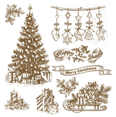 Christmas elements. Vector in vintage styleのイラスト素材