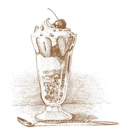Ice cream with strawberries in a glass cup drawn by handのイラスト素材