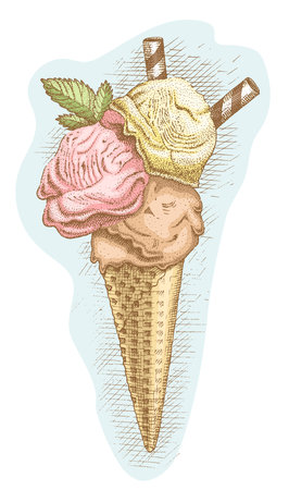 Ice cream in a waffle cone retro by hand drawnのイラスト素材
