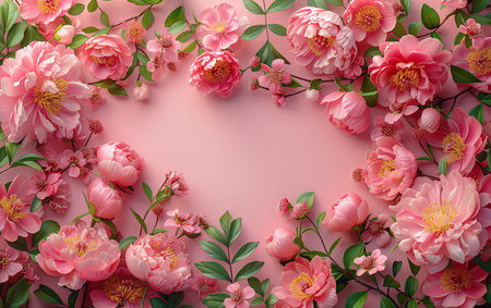 Creative layout made of pink peony flowers and green leaves on pink background. Flat lay, top view, copy spaceの素材