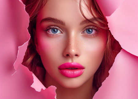 Woman with pink make-up on pink backgroundの素材