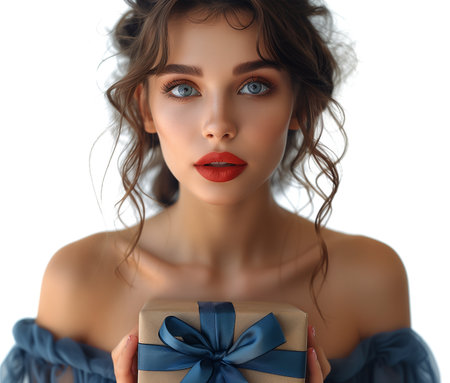Portrait of a beautiful young woman with a gift on a white backgroundの素材