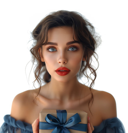 Portrait of a beautiful young woman with gift box on white backgroundの素材