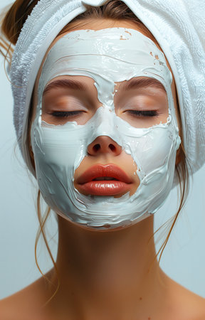 Beautiful young woman with a white cosmetic mask on her face and a towel on her head.の素材
