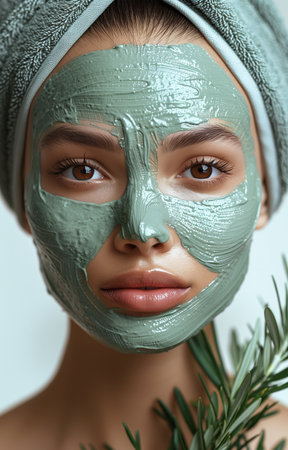 Beautiful young woman with green facial mask on her face. Beauty treatment.の素材