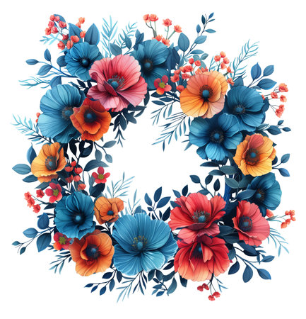 Floral wreath with poppies and blue flowers. Vector illustration.の素材