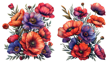 Beautiful vector floral set with poppies and anemonesの素材