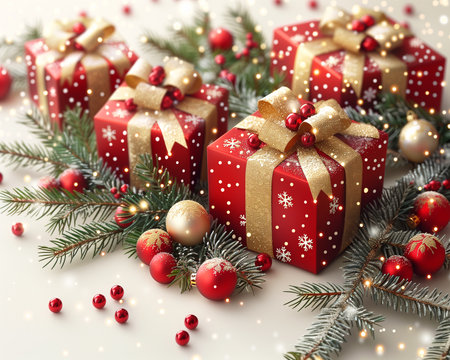 Christmas background with fir tree branches, gift boxes and red baublesの素材