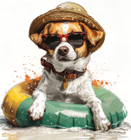 Beagle dog in summer hat and sunglasses with inflatable ring. Vector illustration.の素材