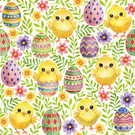 Easter seamless background in watercolor technique. Yellow chicks with Easter eggs on a white backgroundの写真素材
