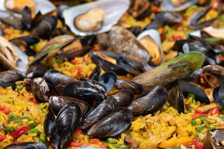 Sea food, paella with mussels and rice dish, backgroundの写真素材