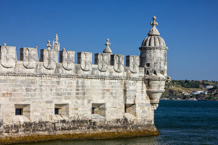 Belem tower architecture, Lisbon fortress, Portugal, sea viewのeditorial素材