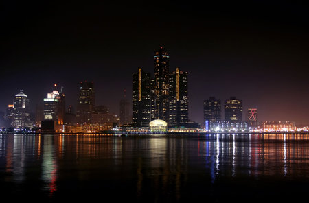 view of Detroit skyline at night, Michiganの写真素材