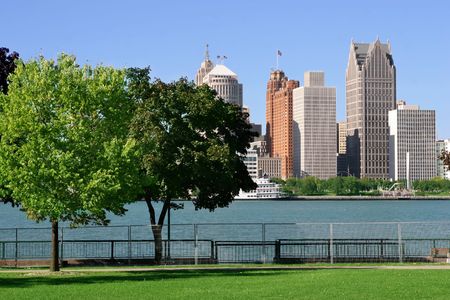 view of Detroit skyline from Windsor, Ontarioの写真素材