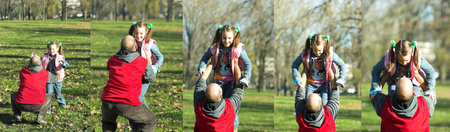 little pretty child happy running to father, series photos