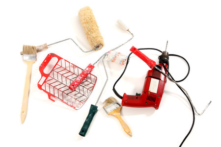 paint roller, brushes, borer on white background