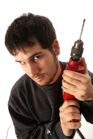 An craftsman with borer on white background