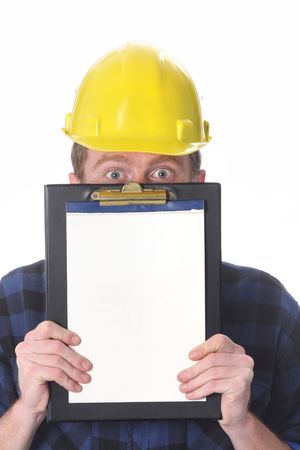 construction worker with documents on white background の写真素材