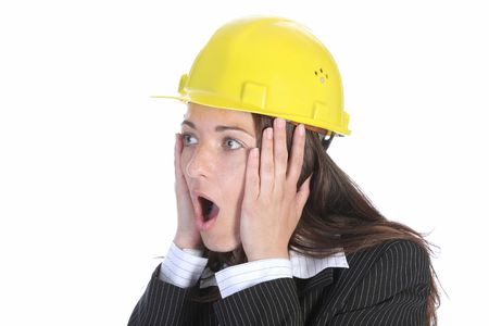 young business woman confused on white backgroundの写真素材
