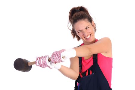 woman with black rubber mallet on white background の写真素材