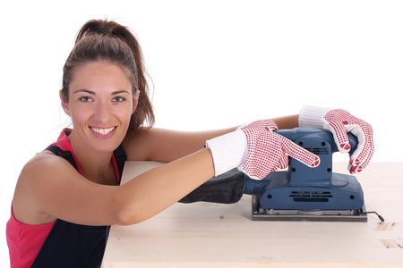 woman carpenter at work on white background の写真素材
