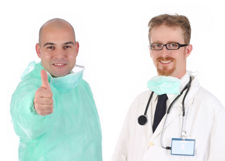 surgeon and doctor happiness on white backgroundの写真素材