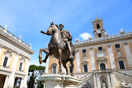 Piazza del Campidoglio - Statue Marco Aurelio at the Capitoline Hill in Rome, Italyのeditorial素材