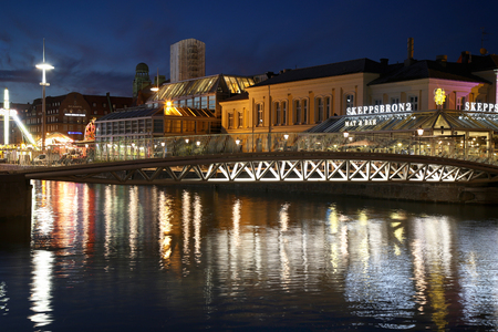 MALMO, SWEDEN - AUGUST 16, 2016: View of beautiful night scene and Bagers bro bridge from street Norra Vallgatan in Malmo, Sweden on August 16, 2016.のeditorial素材