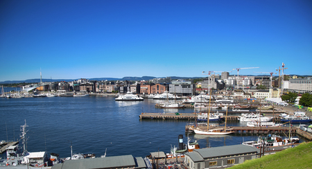 OSLO, NORWAY â AUGUST 17, 2016: View of panorama on Oslo Harbour from Akershus fortress in Oslo, Norway on August 17, 2016.のeditorial素材