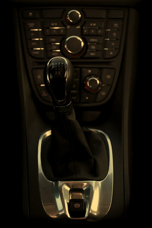 Details closeup of cockpit and dash, gearstick in modern carの写真素材