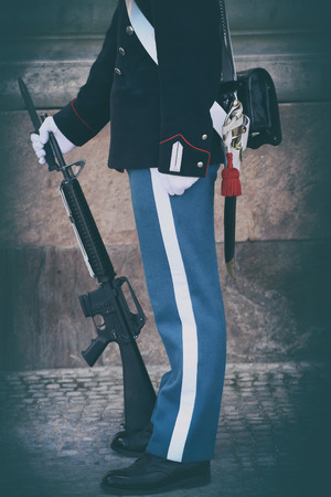 Danish Royal Life Guard on the central plaza of Amalienborg palace, home of the Danish Royal family in Copenhagen, Denmarkのeditorial素材