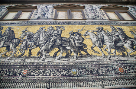 DRESDEN, GERMANY â AUGUST 13, 2016: Georgentor with historic buildings Furstenzug, Augustusstrasse in the center, in Dresden, State of Saxony, Germany on August 13, 2016.のeditorial素材