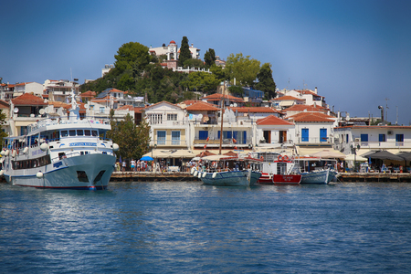 Skiathos, Greece - August 17, 2017: Panoramic view over the port of Skiathos town, Greece. Skiathos island is a beautiful island that attracts tourist Skiathos island on August 17, 2017.のeditorial素材